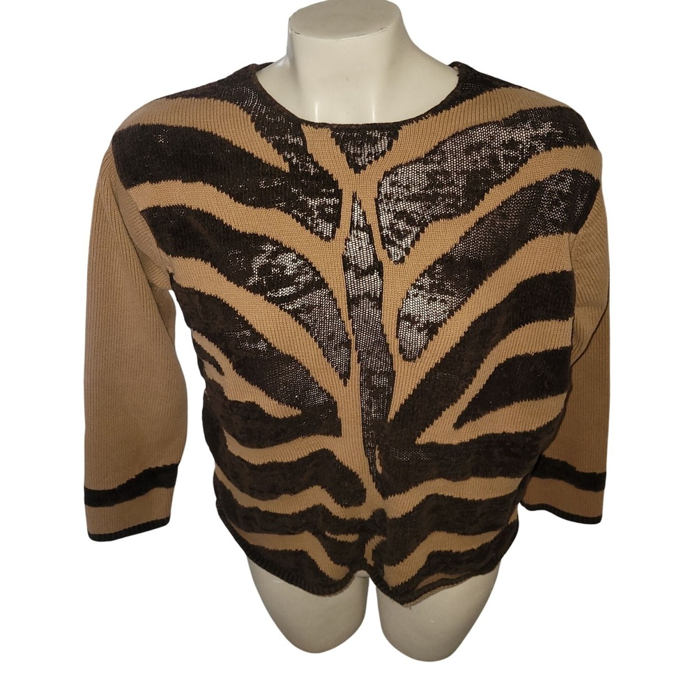 Jones Wear Sport‎ Womens Zebra Print Sweater Tan Brown Animal Pattern M mobwife